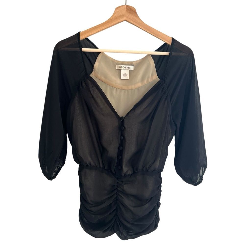 Arden B Womens Y2K Whimsigoth Sheer Top Sz XS Black Ruched Fairy Dark Romantic